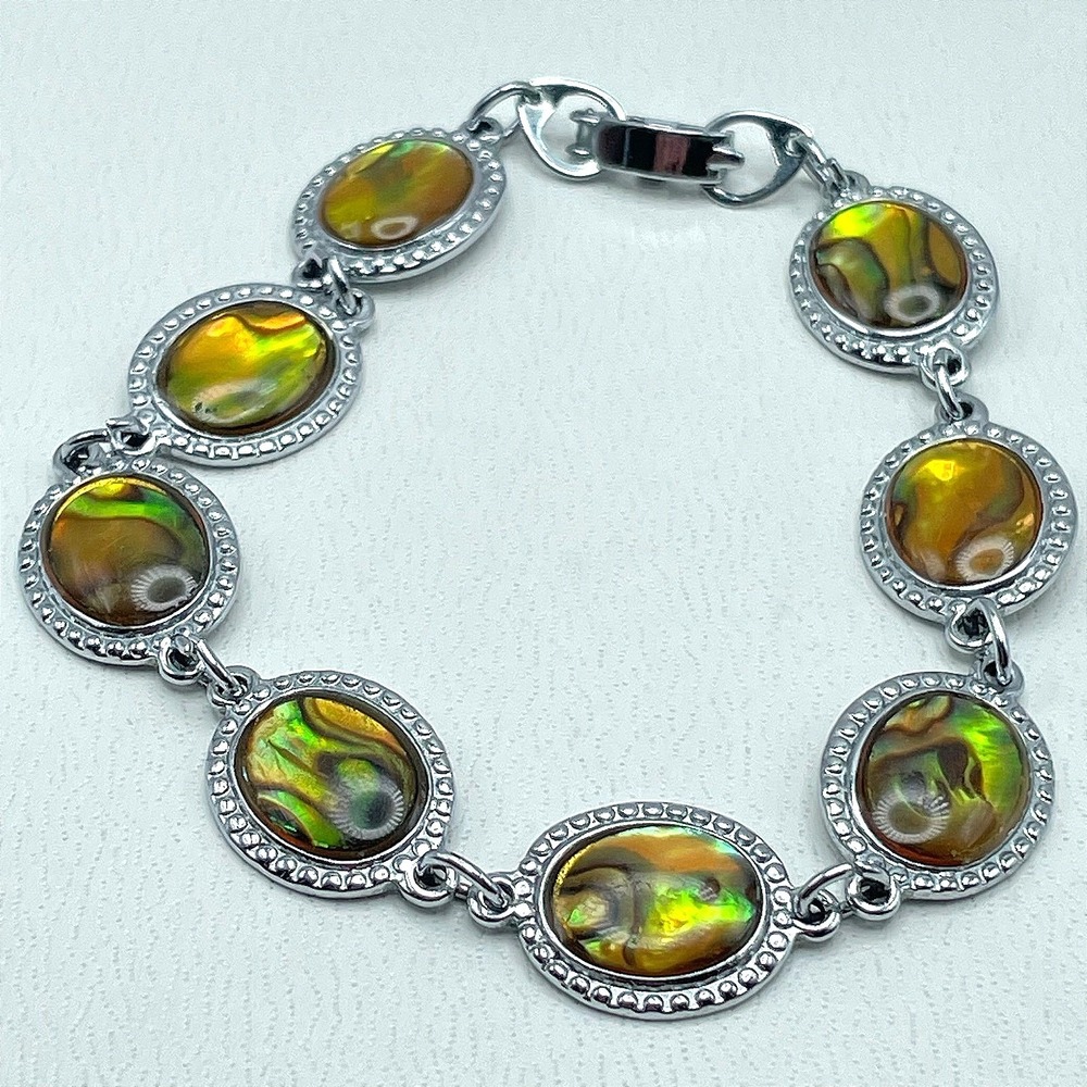 Vintage Y2K Faux Abalone Shell Bracelet Silver Tone Oval Link Statement‎ Jewelry